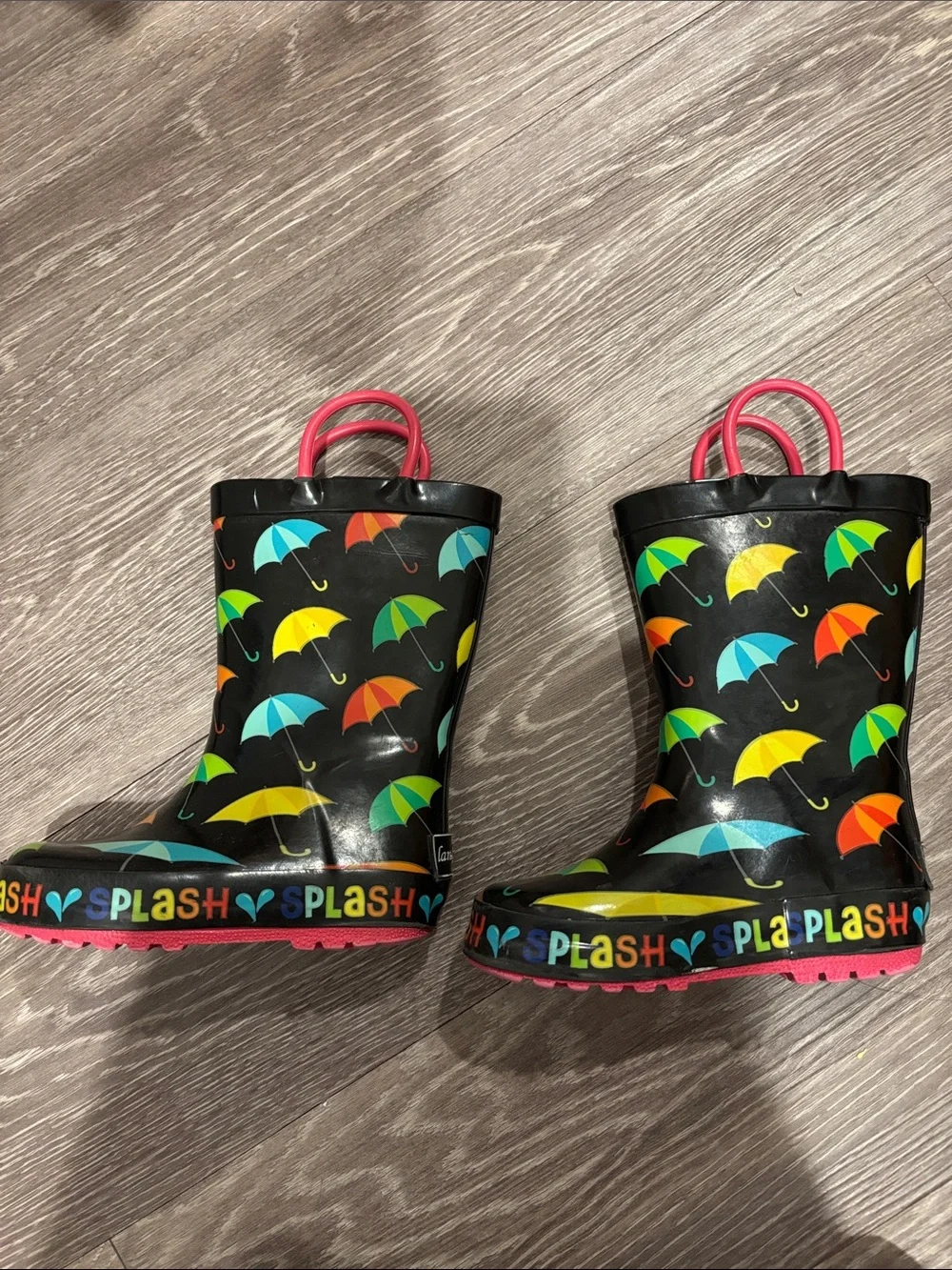 Charming sturdy rainbow umbrella print Landchief rain boots handles size 7 or 24